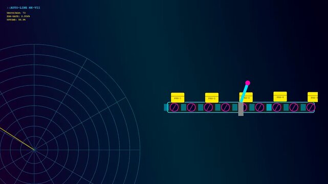 Industrial pipeline automation workflow displays a digital conveyor belt moving yellow crates across a dark screen with a rhythmic scanner probe tracking objects in real time