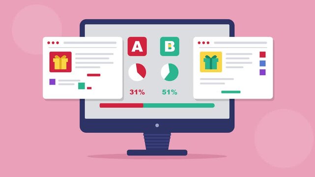 Split testing concept animation showcasing digital marketing analytics, website optimization metrics, and comparative data results on computer screen