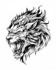 Obraz premium Ferocious Halloween Werewolf Head With Fangs Black And White Horror Tattoo Illustration