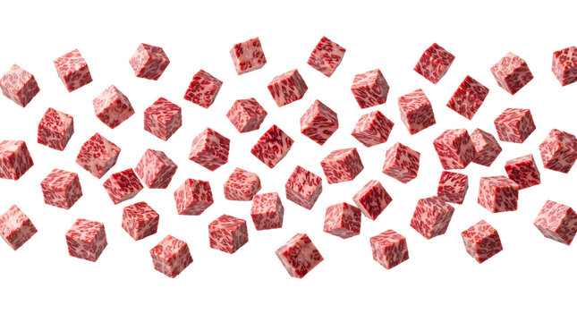 Premium marbled beef cubes floating smoothly in midair captured dynamically on transparent background