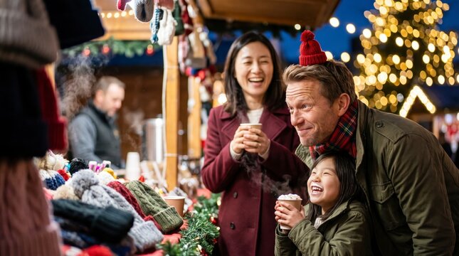 Laughing family browsing knit hats and sipping hot chocolate at illuminated Christmas market stall