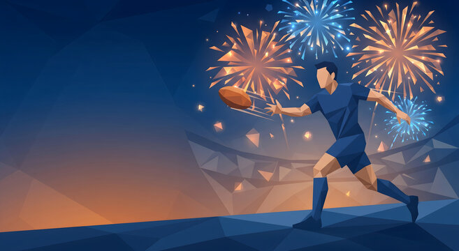 Rugby Player Throwing Ball Against Night Sky Fireworks Celebration Sports Event