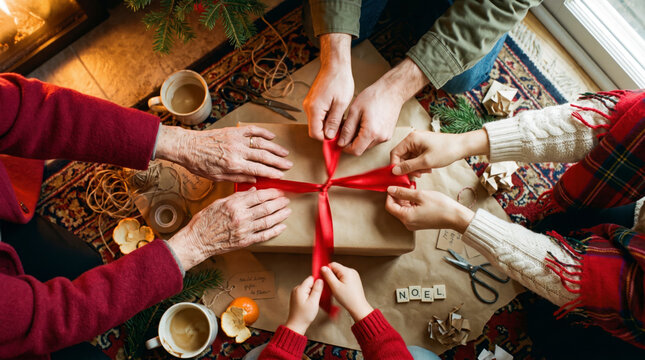 Overhead view of multigenerational hands tying red ribbon on kraft paper gift with Noel letter tiles