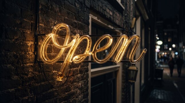 A storefront neon open sign where the glass tubes are filled with circulating liquid gold representing small businesses leveraging AI for lucrative commerce