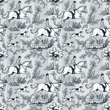 Seamless vintage equestrian Toile pattern with horse riders and hunting dogs. Classic monochrome wallpaper textile background.