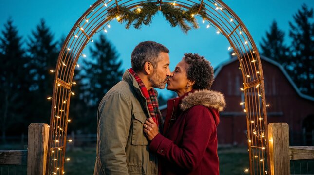 Mature multiracial couple kissing under string light arch beside red barn at dusk
