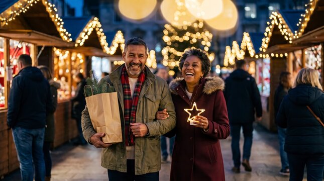 Multiracial couple laughing at Christmas market holding paper bag and glowing star light