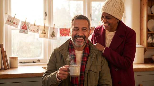 Laughing mature multiracial couple sharing coffee mug in kitchen with Christmas cards on line