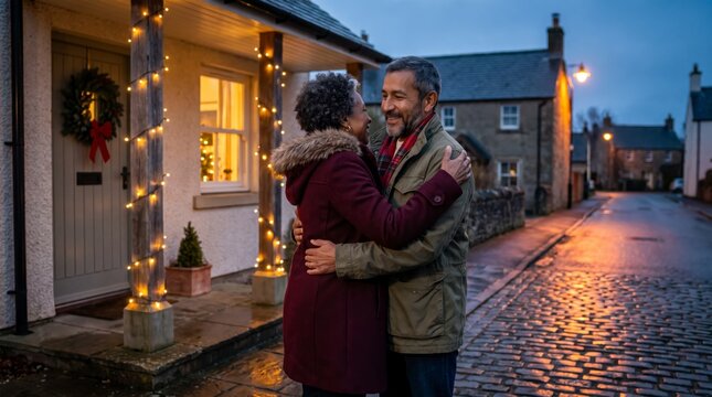 Mature multiracial couple hugging on cottage porch with string lights above cobblestone street