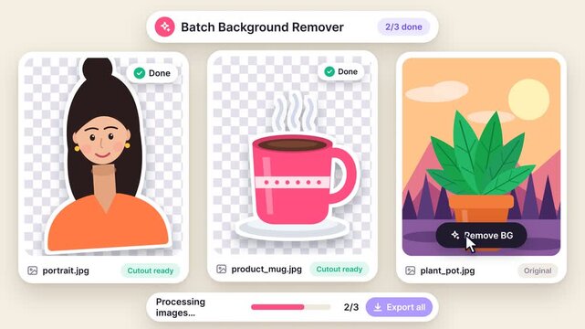 Animated Interface of Batch Background Remover Software Processing Multiple Images for Cutouts, Isolated on Solid Background