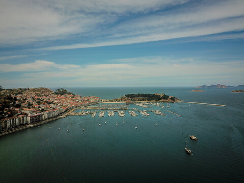Aerial View of Baiona, Spain: Marina, Monterreal Castle, and C&iacute;es Islands