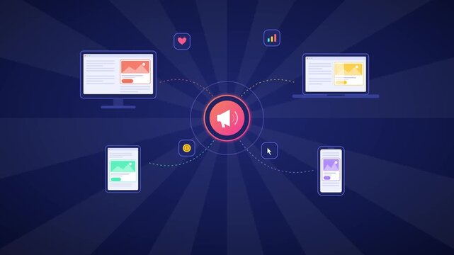Marketing campaign strategy video displaying responsive multi device connectivity with animated elements and glowing icons in motion clip