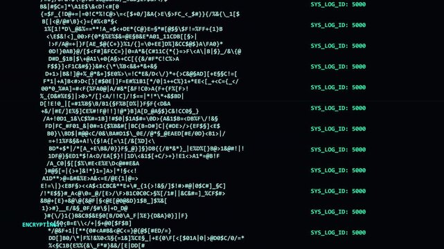 cybersecurity data glitch displaying encrypted digital code and system log