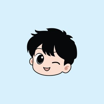Minimalist graphic illustration of a cute boy face avatar winking with a smile. Ideal design element for profile pictures, user avatars, stickers, and app UI design.