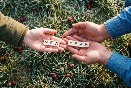 Two hands offering NEW YEAR letter tiles over frosted grass, symbol of fresh start and renewal