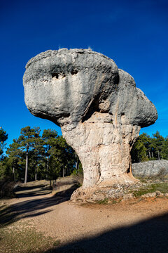 El Tormo Alto, an iconic mushroom-shaped limestone rock formation located in the Ciudad Encantada - Enchanted City  -  karst landscape within the Serran&iacute;a de Cuenca Natural Park in Spain