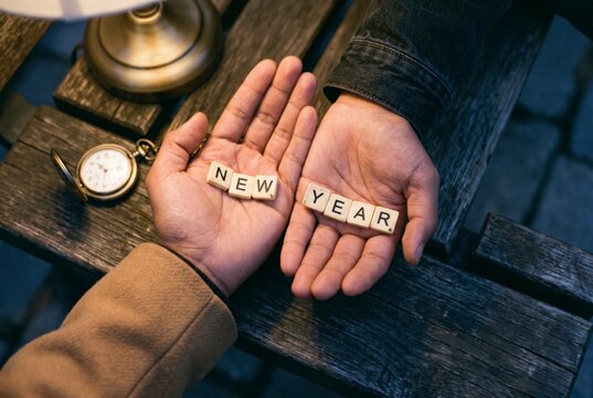 Open hands holding NEW YEAR letter tiles beside vintage pocket watch, symbolizing time and renewal