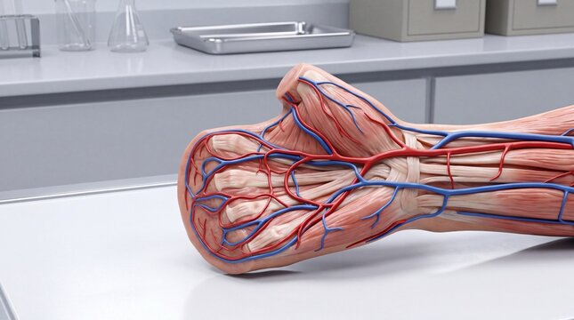Detailed anatomical model of a human hand highlighting blood vessels