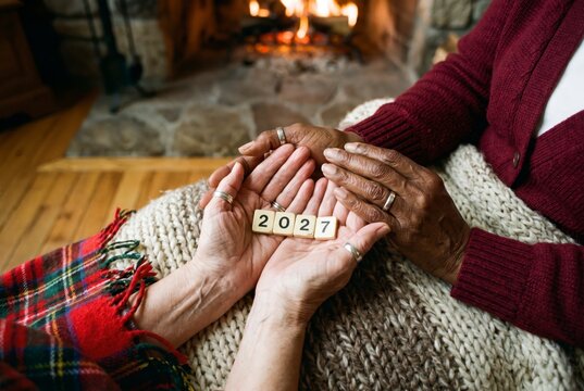Elderly couple hands holding 2027 number tiles by fireplace on knit blanket, symbol of lasting love