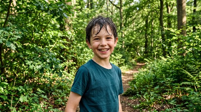 Child smiling joyfully while exploring a lush green forest path