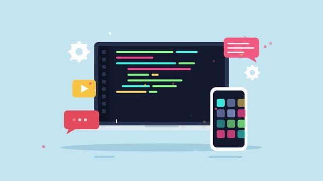 Animated software development and coding process concept with laptop computer screen displaying colorful lines of code