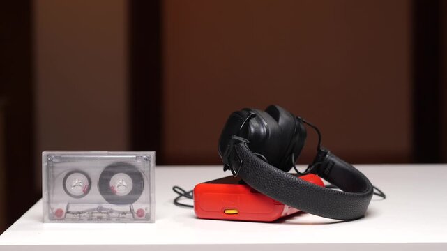 Cassette tape, portable orange music player, and black headphones sitting on a white surface, representing vintage audio technology and evoking a sense of nostalgia for classic music formats