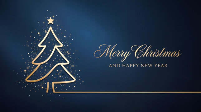 Weihnachten Gru&szlig;karte mit goldenem Weihnachtsbaum und Schriftzug Merry Christmas auf blauem Hintergrund