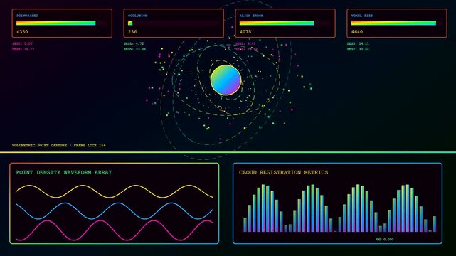 Volumetric diagnostics display showing shifting data particle clouds with glowing orbital paths and digital wave patterns pulsing across dark interfaces in a triple screen computer layout