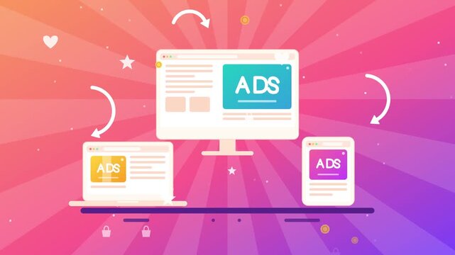Digital marketing strategy animation footage showing colorful website banners across desktop computer laptop and mobile phone screens