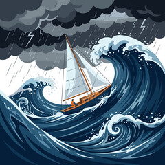 Sailboat navigating a stormy ocean with giant waves illustration © ireng