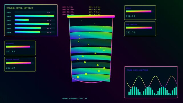 Digitalumetric diagnostics displays visualize changing liquid levels and pressure gradients across three graphical interfaces while oscillating flow waves pulse in a rhythmic cycle on dark screens