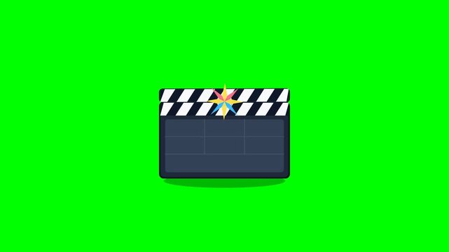 Premium 2.5D stylized clapperboard snap triggering an impact flash that transitions into a colorful parallax outer-space scene with majestic planets, asteroids, and shooting stars on pure green screen