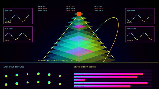 Volumetric diagnostics display shown on a dark interface featuring digital pyramid graphs neon wave charts and geometric data points for professional system monitoring and analysis work