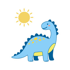 Cute Blue Brontosaurus Dinosaur with Sun Flat Design Vector Illustration © TLIST