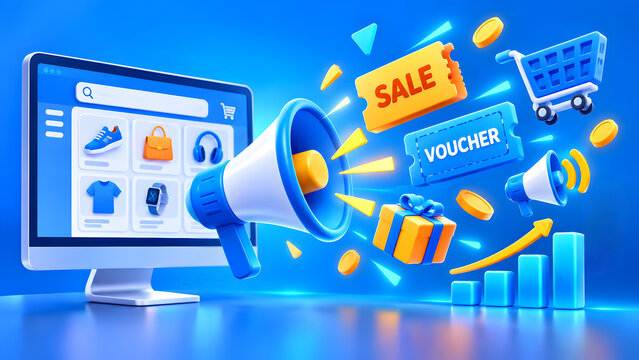 Digital marketing and e-commerce concept with computer monitor displaying online store items alongside flying megaphone, sale ticket, and shopping cart