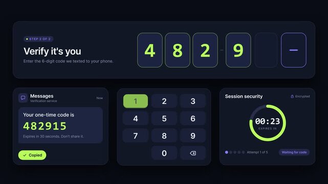 Entering 6-Digit One-Time Password OTP for Two-Factor Authentication on Dark UI Interface, Motion Graphics Isolated on Solid Background