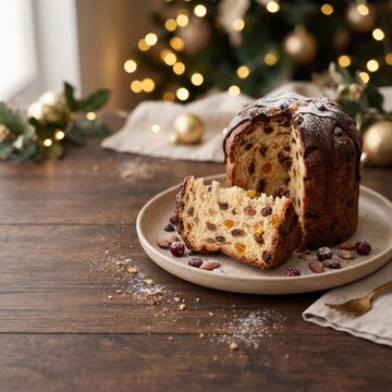 A festive slice of panettone, rich with dried fruit and nuts, sits elegantly on a plate, with a softly blurred Christmas tree adorned with glowing lights in the background.
