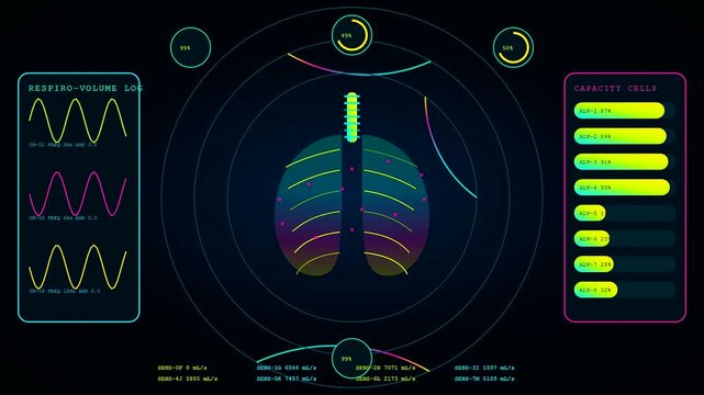 Volumetric diagnostics display showing animated lung organ models and respiratory graphs in a digital interface with colorful glowing data nodes on a dark neon grid pattern