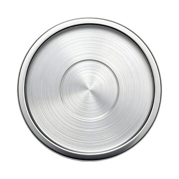 Brushed metal circle button with a polished silver metallic rim texture isolated on a plain white clean on transparent background