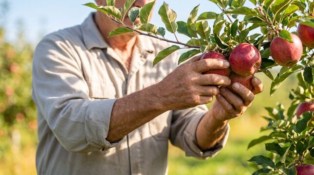 Senior man harvesting ripe red apples from a branch in an orchard