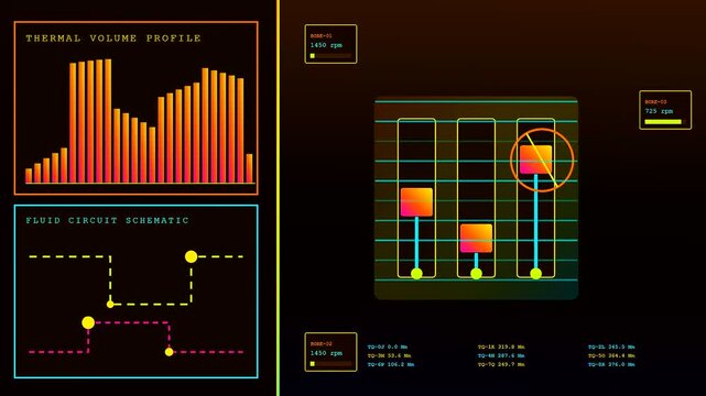 A sequence of volumetric diagnostics displayed on dark digital monitors featuring shifting bar charts fluid circuit schematics and glowing geometric sliders in a futuristic industrial interface
