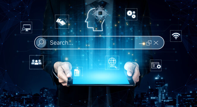 Artificial intelligence AI search concept enabling smarter discovery, recommendations to digital services and knowledge. Generative AI search engine algorithm provide user intent result. Corpus