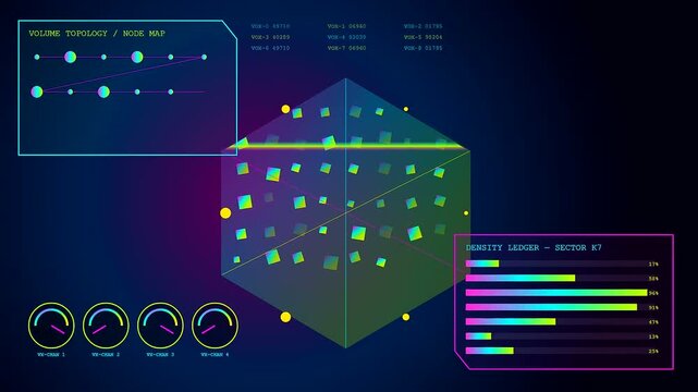 Volumetric diagnostics display showing three rhythmic cycles of shifting hexagonal data structures with glowing neon charts and numerical interface overlays in a dark digital space environment