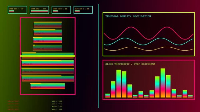 Three panel digital interface showing volumetric diagnostics with cycling sine waves and pulsating multi colored bar graphs against a deep dark red gradient display backdrop