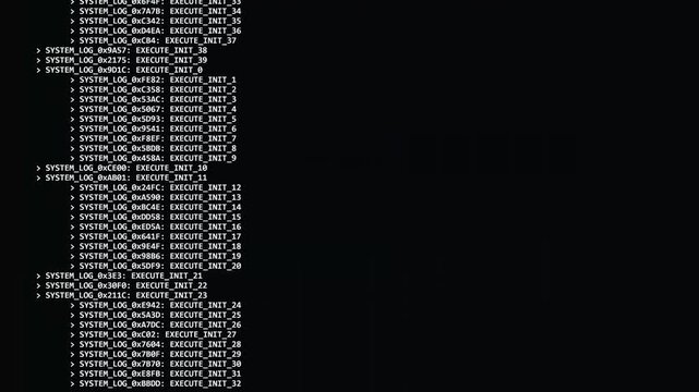 cybersecurity data glitch with scrolling system logs on dark screen