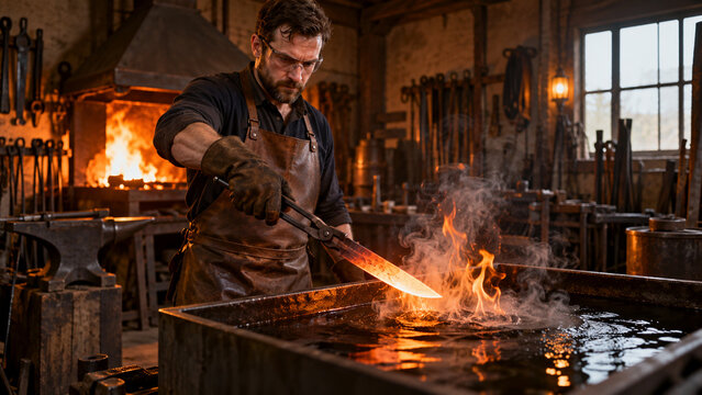 Bladesmith Quenching Forged Knife Blade in Oil