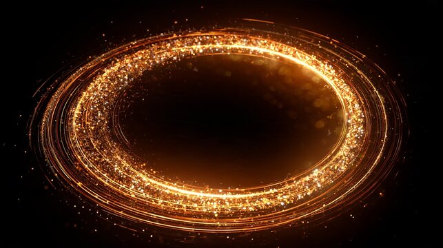 Golden glittering particles forming glowing oval frame. Golden glittering particles creating an elegant glowing elliptical vortex on a black background