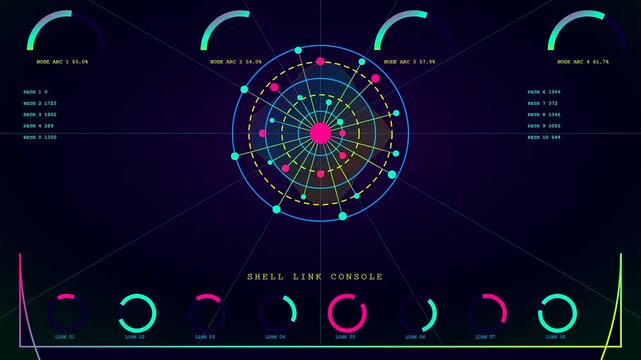 Volumetric diagnostics display glowing neon radial node patterns synchronized in triple view mode for complex analytical monitoring systems with abstract circular motion and glowing digital lights