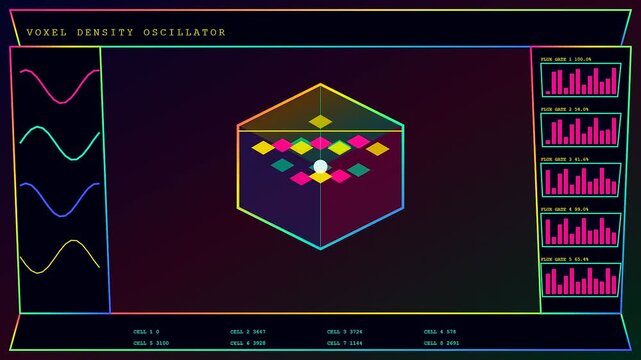 Three screens displaying volumetric diagnostics with shifting neon patterns and graphical charts monitor data in a sequence of fluid rhythmic pulses against a dark glowing interface