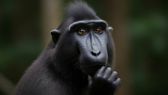 Curious celebes crested macaque monkey resting chin on hand looking thoughtfully in lush tropical jungle